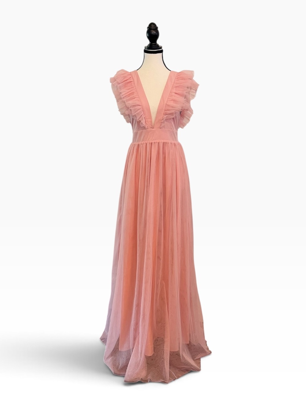 NWT Pink Tulle Ruffle Sleeve Deep V Maxi Gown Dress Medium